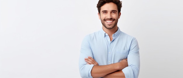 un uomo con una camicia blu che dice sorriso