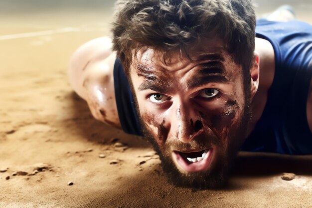 Un uomo con una camicia blu è coperto di fango e ha la bocca aperta.