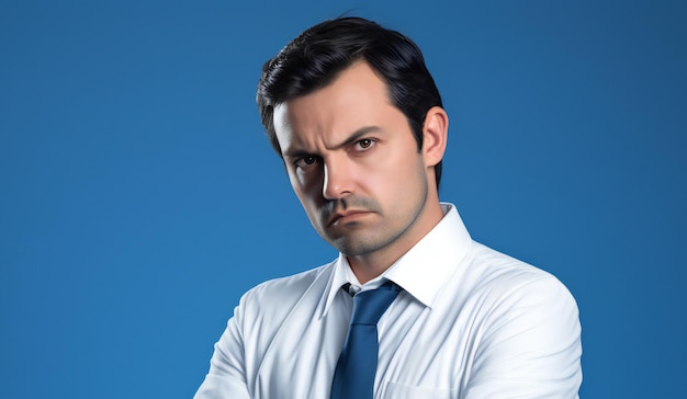Un uomo con una camicia blu e una cravatta è in piedi con le braccia incrociate e guarda la telecamera.
