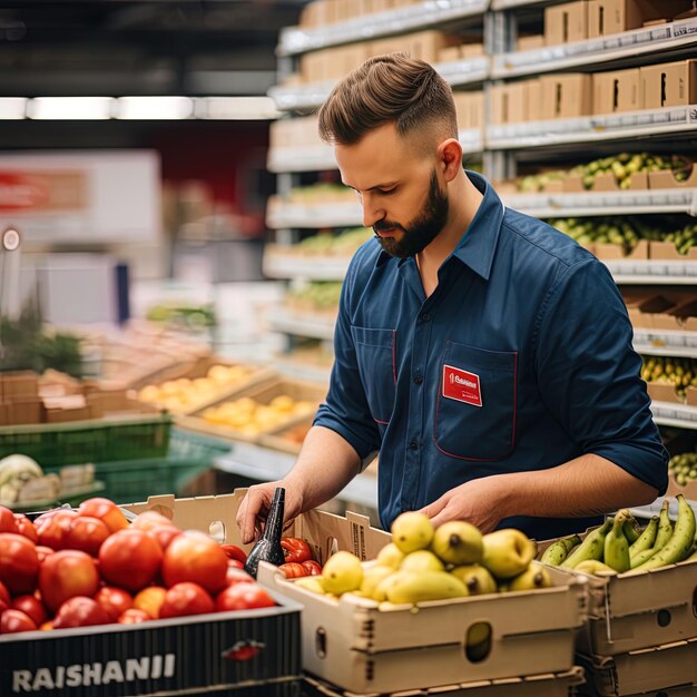 un uomo con una camicia blu sta lavorando in un negozio di alimentari