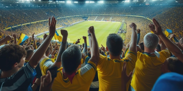 Un uomo con una camicia gialla è in piedi in uno stadio con le braccia in alto AIG41
