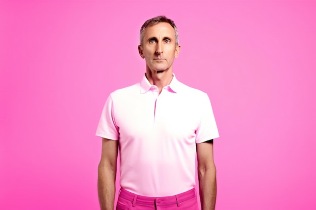 Un uomo con una camicia rosa si trova di fronte a uno sfondo rosa.