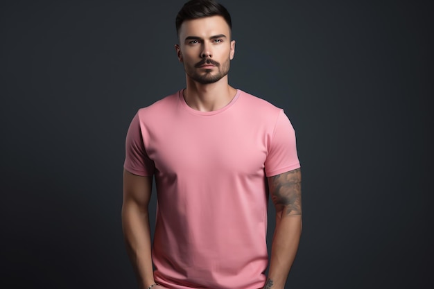 Un uomo con una camicia rosa si trova di fronte a uno sfondo scuro.