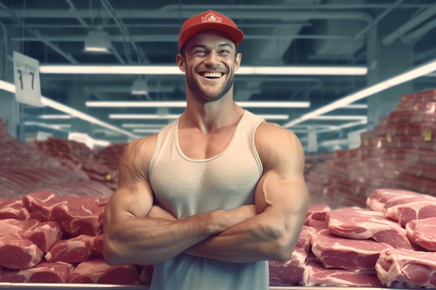 Un uomo con una canotta adidas bianca si trova di fronte a un mucchio di carne.