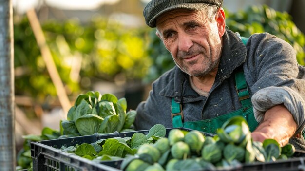 Un uomo con una cassa piena di lattuga fresca