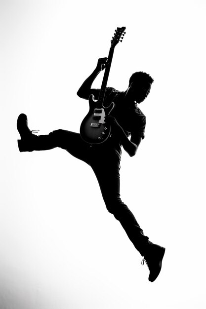 Un uomo con una chitarra sta saltando in aria.