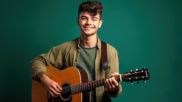 Un uomo con una chitarra sulla spalla si trova davanti a uno sfondo verde.