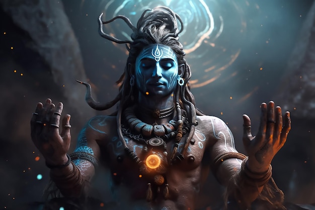 Un uomo con una faccia blu dipinta con la parola shiva sopra