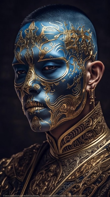 Un uomo con una faccia d'oro dipinta nello stile dell'età d'oro dell'avatar