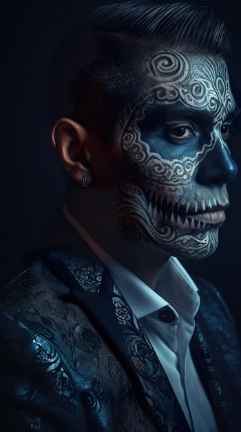 Un uomo con una faccia di teschio dipinta sul volto Immagine di intelligenza artificiale generativa