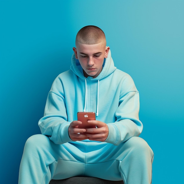 un uomo con una felpa con cappuccio blu è seduto su uno sgabello e guarda un telefono cellulare.