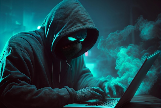 Un uomo con una felpa con cappuccio e cappuccio con scritto crimine informatico.