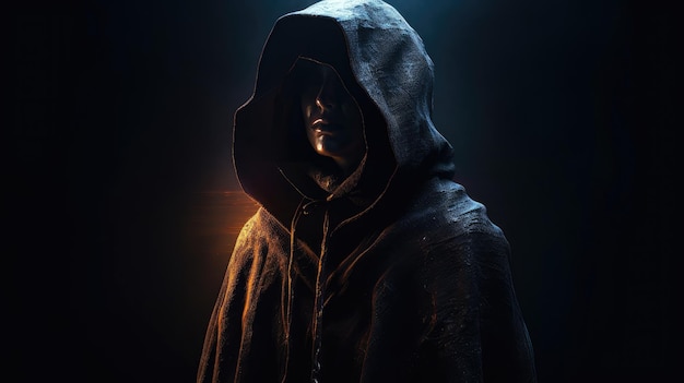 Un uomo con una felpa con cappuccio si trova di fronte a uno sfondo nero con la parola dark.