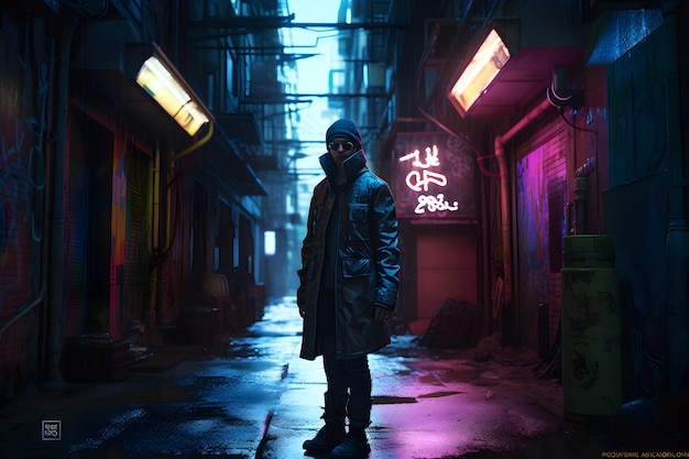 Un uomo con una felpa con cappuccio si trova in un vicolo buio con insegne al neon che dicono "cyberpunk"