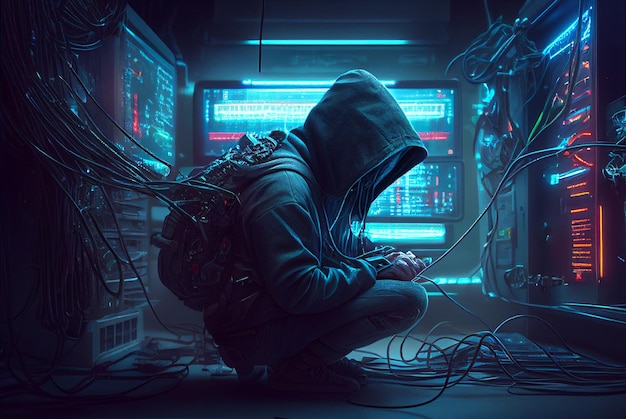 Un uomo con una felpa con cappuccio siede davanti allo schermo di un computer con sopra la scritta cyberpunk.