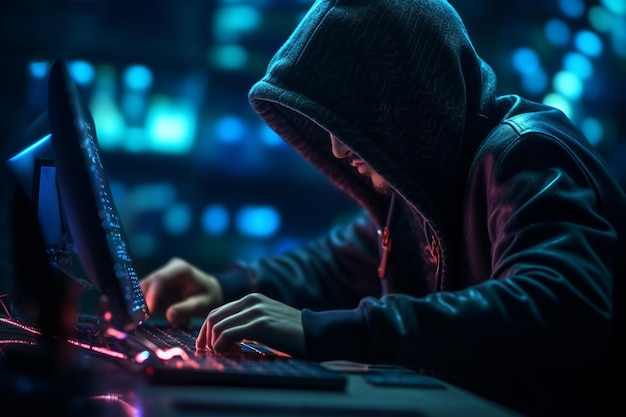 Un uomo con una felpa con cappuccio sta scrivendo su un laptop.