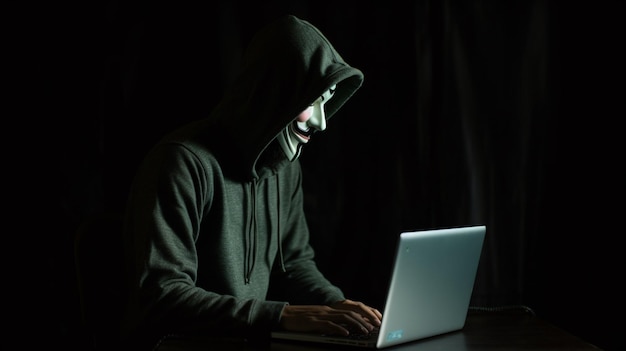 Un uomo con una felpa con cappuccio sta usando un laptop al buio.