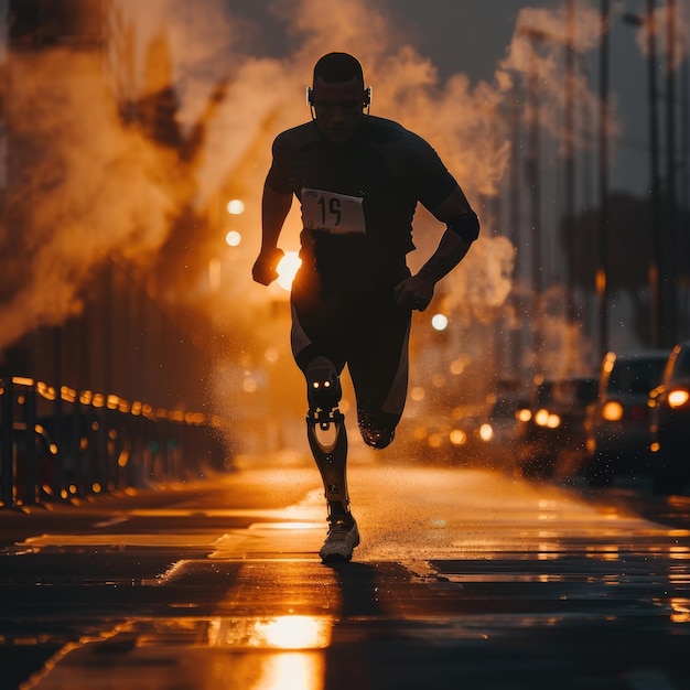 Un uomo con una gamba protetica corre per una strada sotto la pioggia