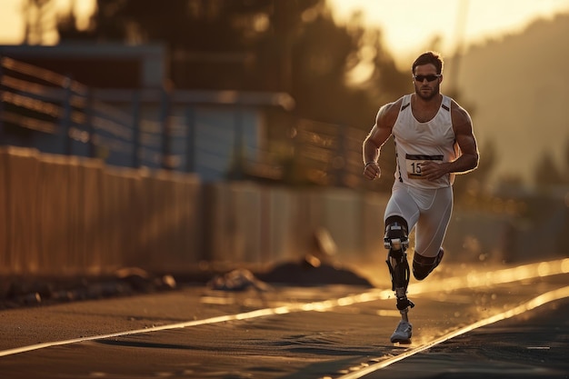 Un uomo con una gamba protetica corre su una pista