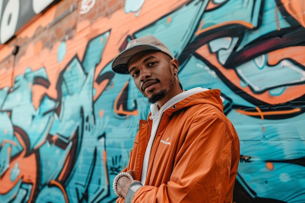 Un uomo con una giacca arancione in piedi davanti a un muro di graffiti
