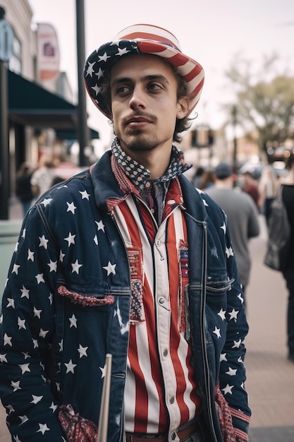 Un uomo con una giacca bandiera americana si trova su una strada.