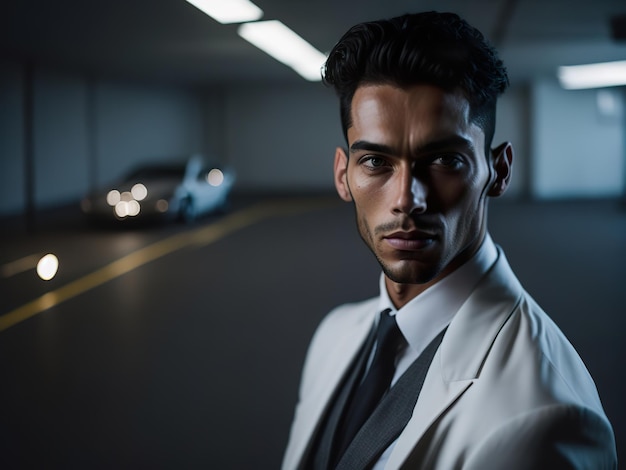 Un uomo con una giacca bianca si trova in un parcheggio buio con un'auto sullo sfondo.