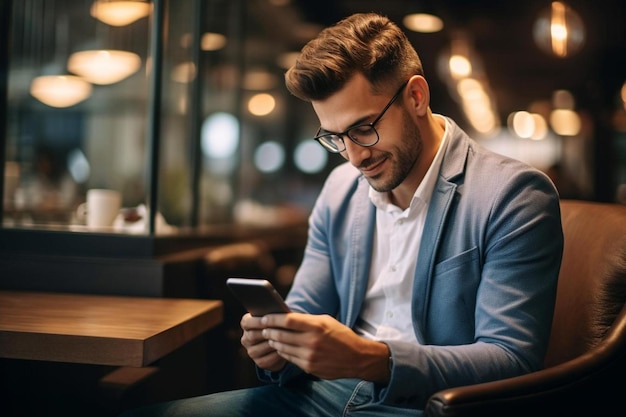 un uomo con una giacca blu sta guardando il suo telefono