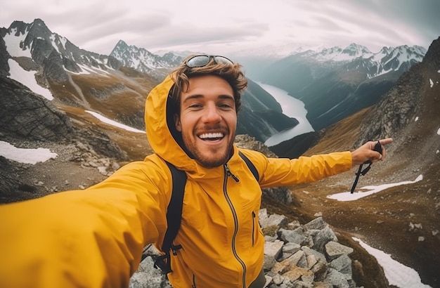 Un uomo con una giacca gialla è in piedi sulla cima di una montagna e sorride.