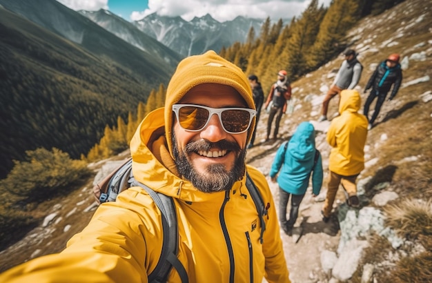 Un uomo con una giacca gialla e occhiali da sole sta facendo un'escursione in montagna.