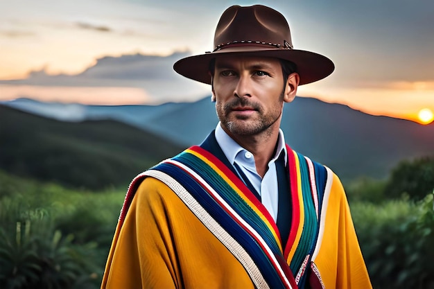 Un uomo con una giacca gialla e un cappello si trova di fronte a una catena montuosa.