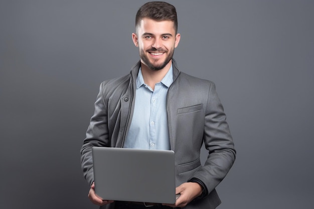 Un uomo con una giacca grigia tiene in mano un laptop.