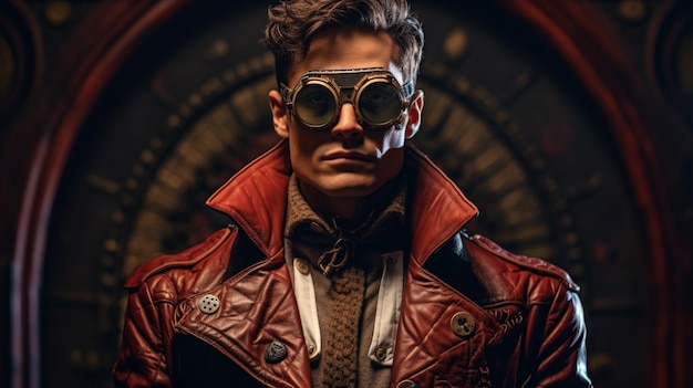 Un uomo con una giacca in stile steampunk e occhiali