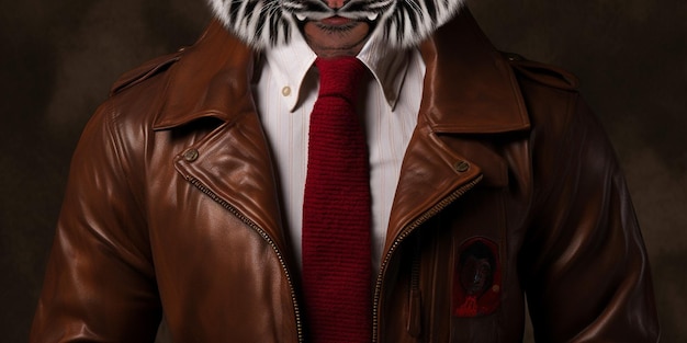 Un uomo con una giacca marrone con sopra una tigre.