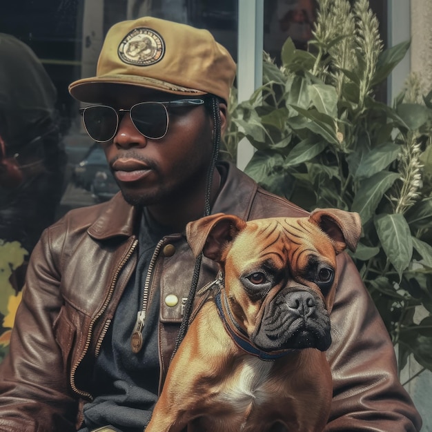 Un uomo con una giacca marrone e un cappello tiene in mano un cane.