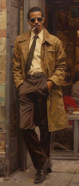 Un uomo con una giacca marrone sta davanti a una finestra con le mani in tasca.