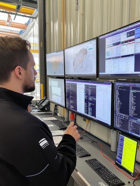 Un uomo con una giacca nera guarda attentamente uno schermo di computer in una sala di controllo con più monitor