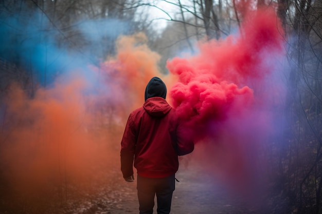 Un uomo con una giacca rossa si trova in una nuvola di fumo