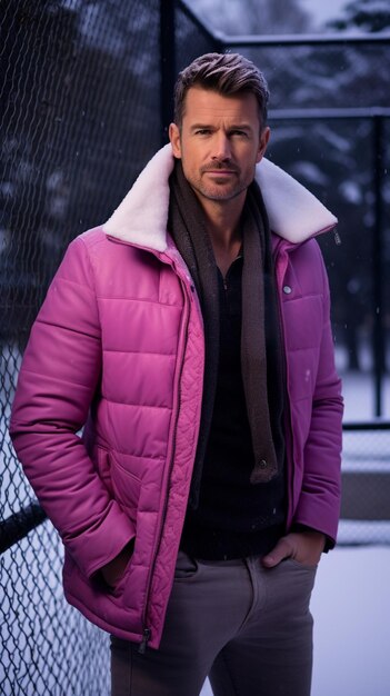 Un uomo con una giacca viola con un cappuccio e una giaccha che dice il marchio.