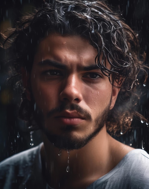 Un uomo con una goccia d'acqua sul viso