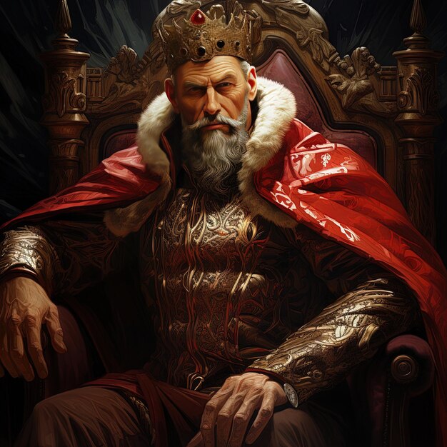 un uomo con una grande barba si siede su una sedia con una corona sulla testa