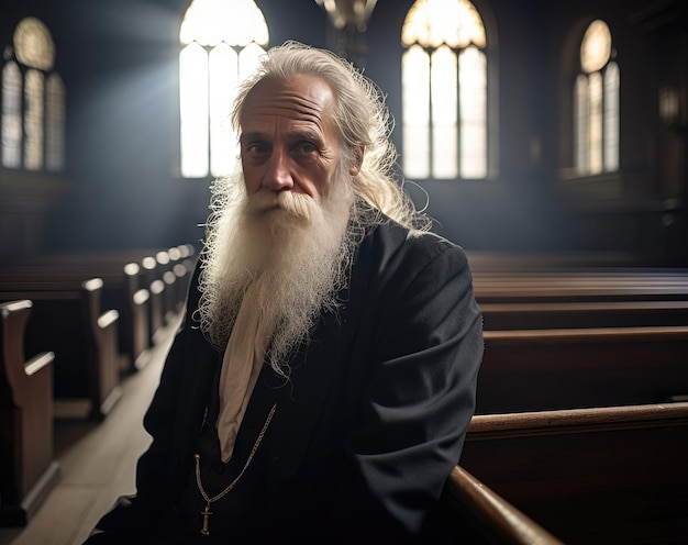un uomo con una lunga barba bianca siede in una chiesa