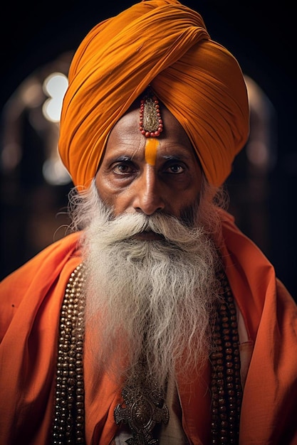 un uomo con una lunga barba che indossa un turbante