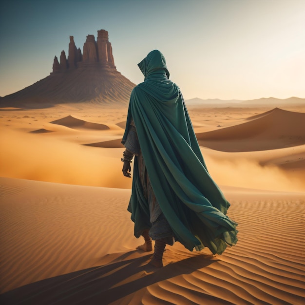 Un uomo con una lunga veste verde cammina nel deserto.