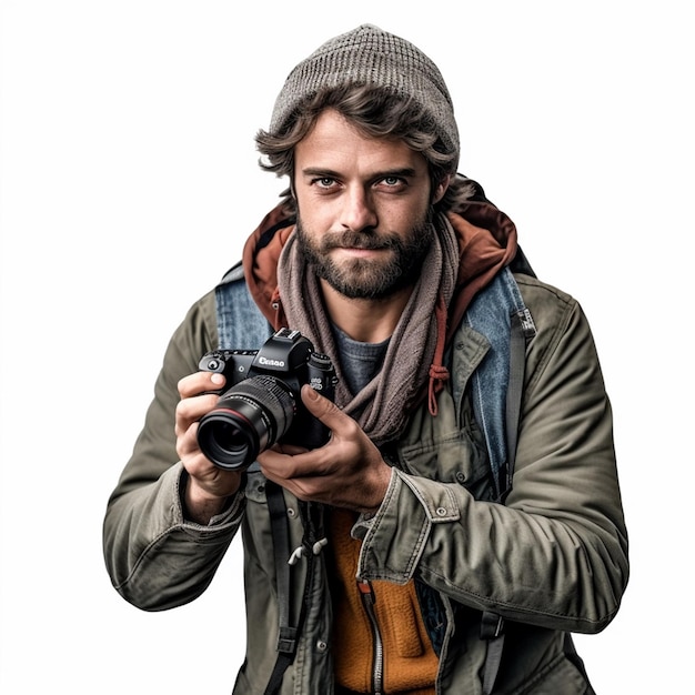 Un uomo con una macchina fotografica che indossa un cappello e una giacca.