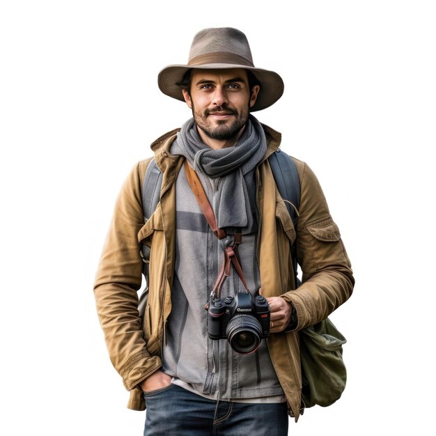 Un uomo con una macchina fotografica e un cappello si trova davanti a uno sfondo bianco.