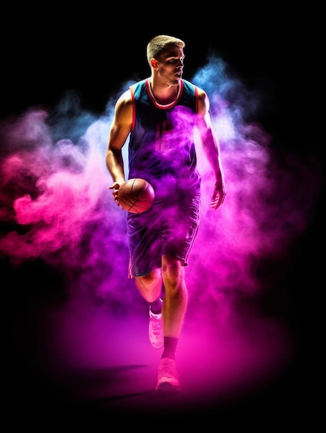 un uomo con una maglia viola sta giocando a basket