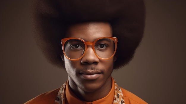 Un uomo con una maglietta arancione e grandi capelli afro porta gli occhiali.