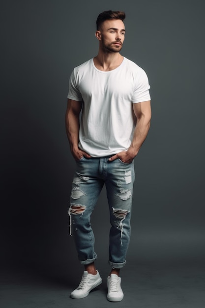 Un uomo con una maglietta bianca e jeans strappati si trova in uno studio