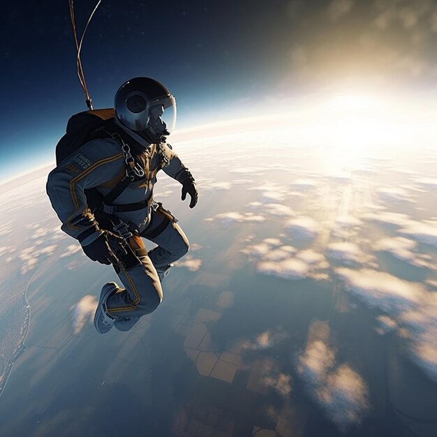 Un uomo con una maschera antigas è sospeso sopra la terra.