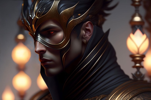 Un uomo con una maschera d'oro con sopra la parola drago